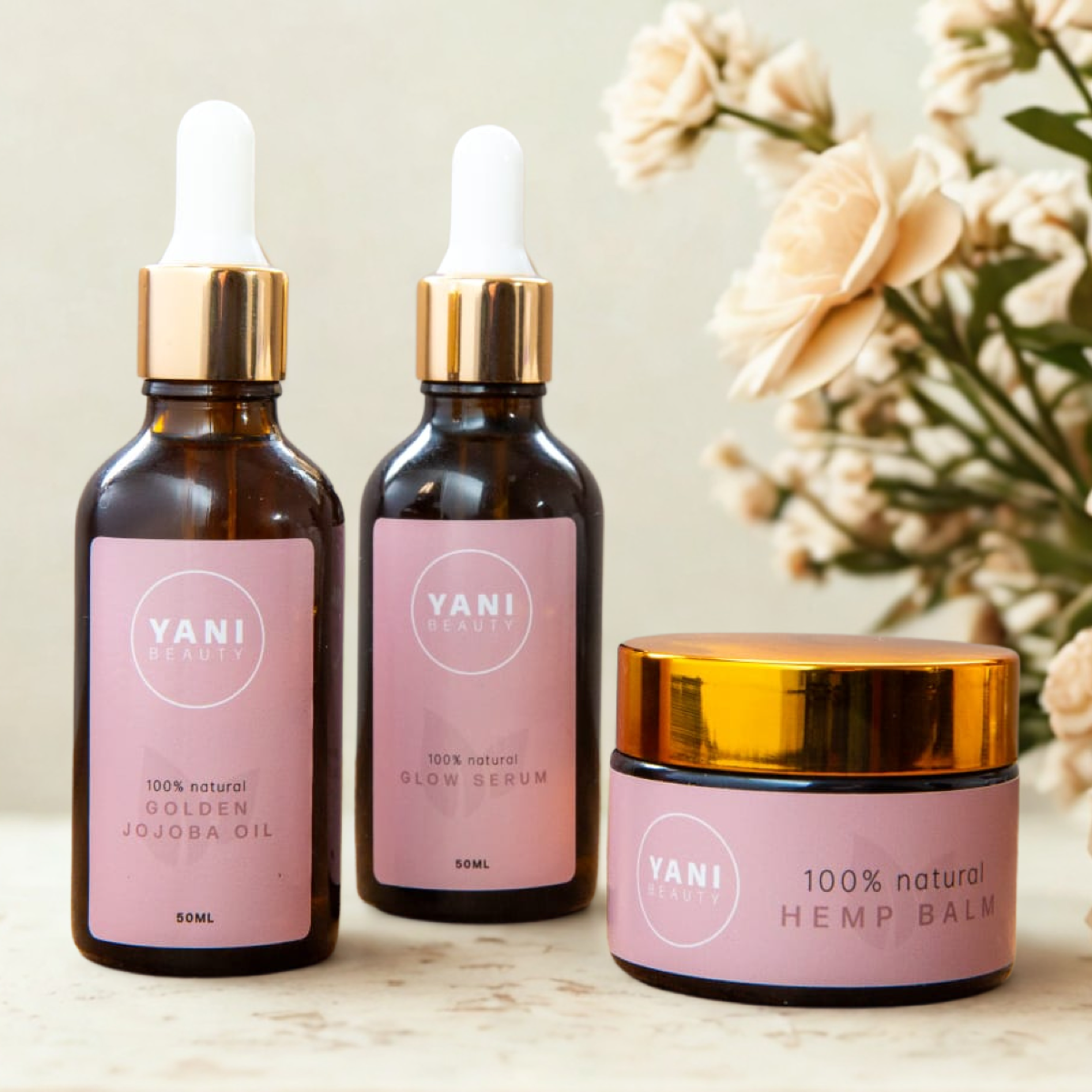 Golden Jojoba Cleansing Oil, Glow Serum and Hemp Balm together